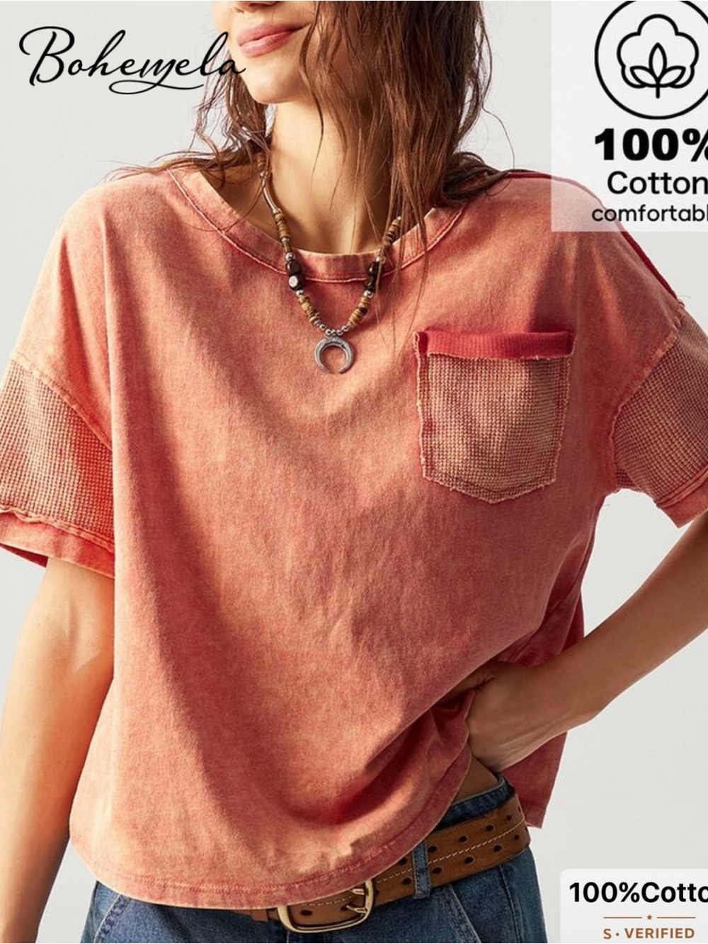 Women's Washed Coral Short Sleeve Pocket Tee